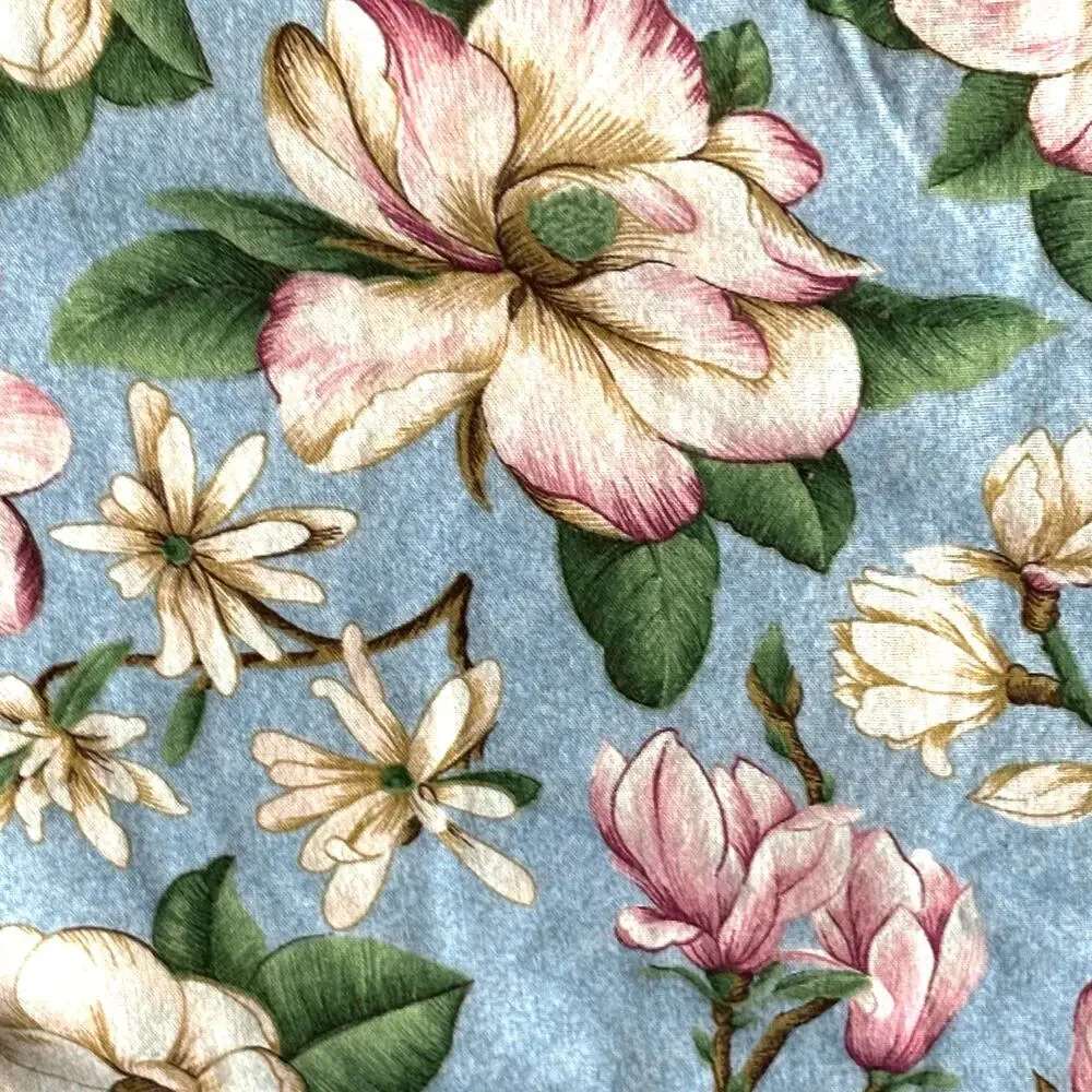 Blue & pink magnolia flowers tablecloth with greenery farmhouse cottage cabin